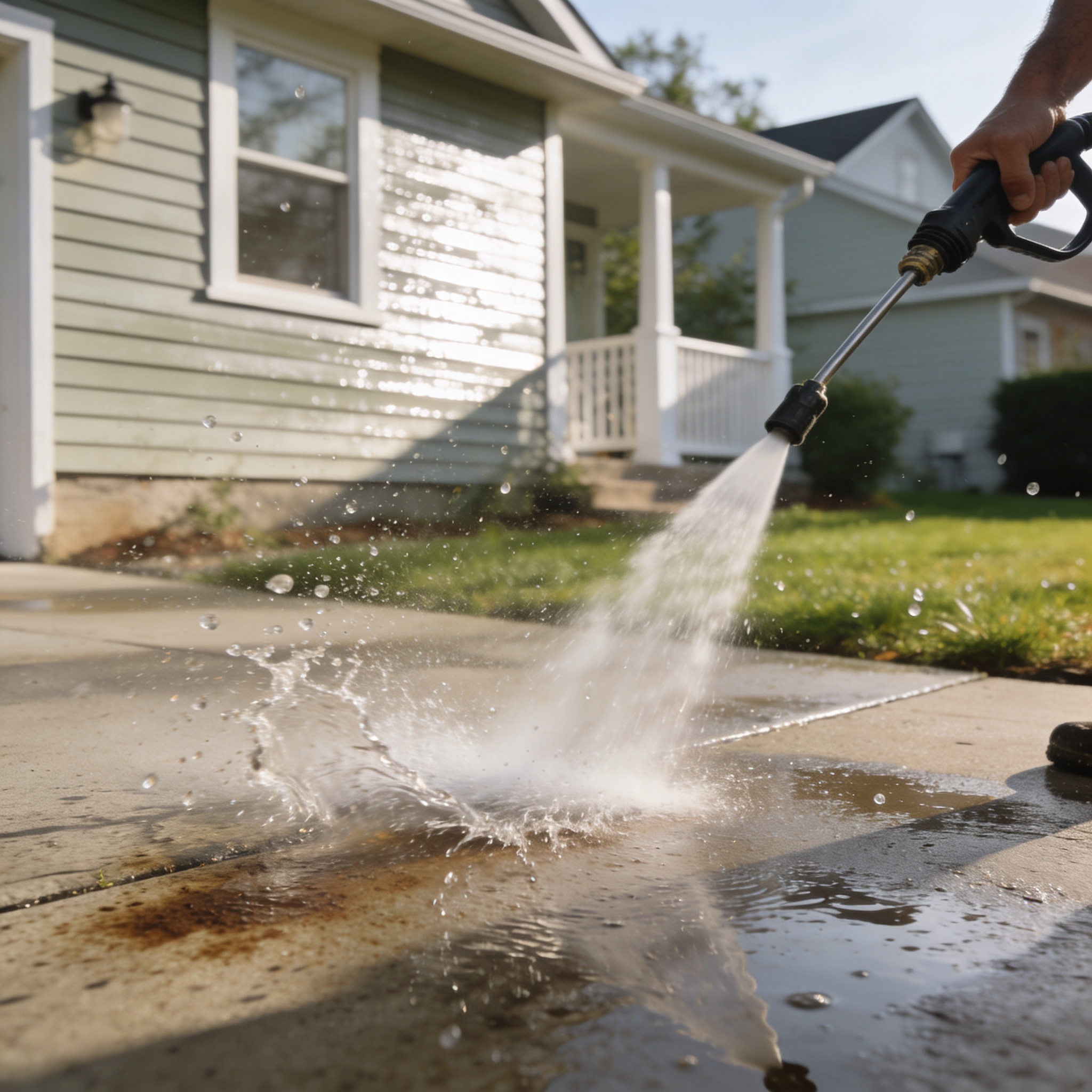 Pressure washing residential driveway near house