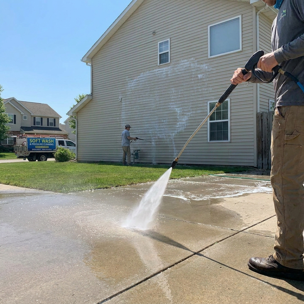 Soft wash technician treating house exterior