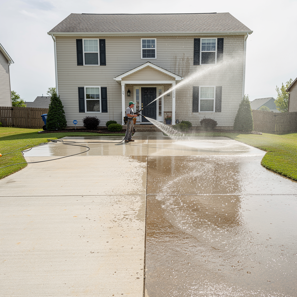 Driveway half clean half dirty during pressure washing