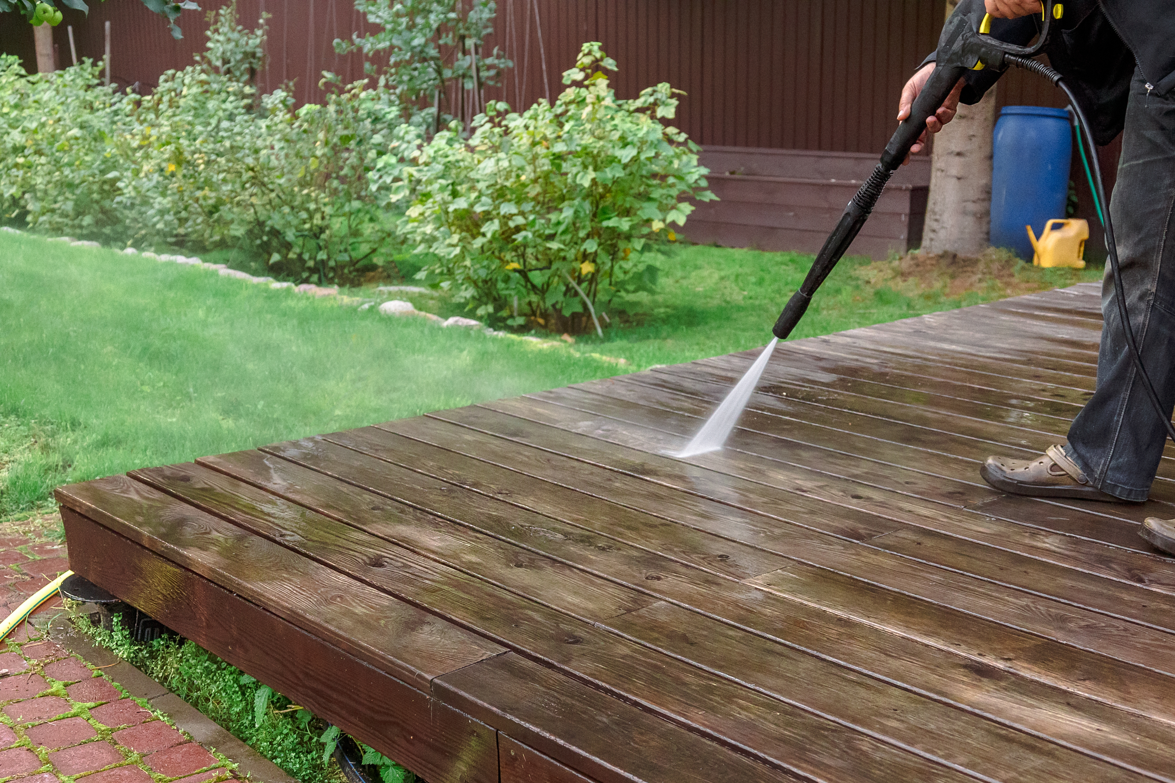 Pressure washing wooden deck