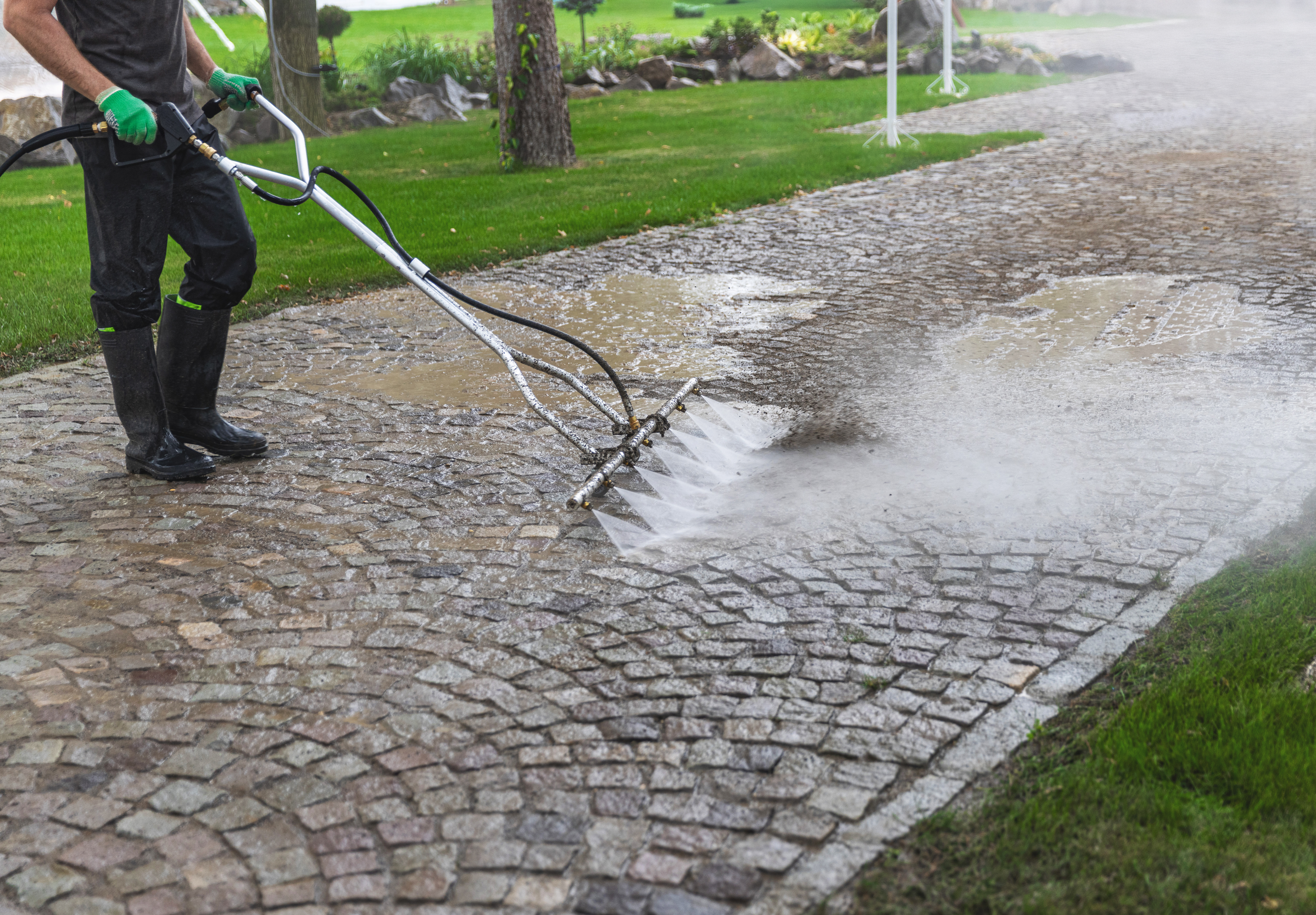 Cleaning cobblestone driveway with surface cleaner