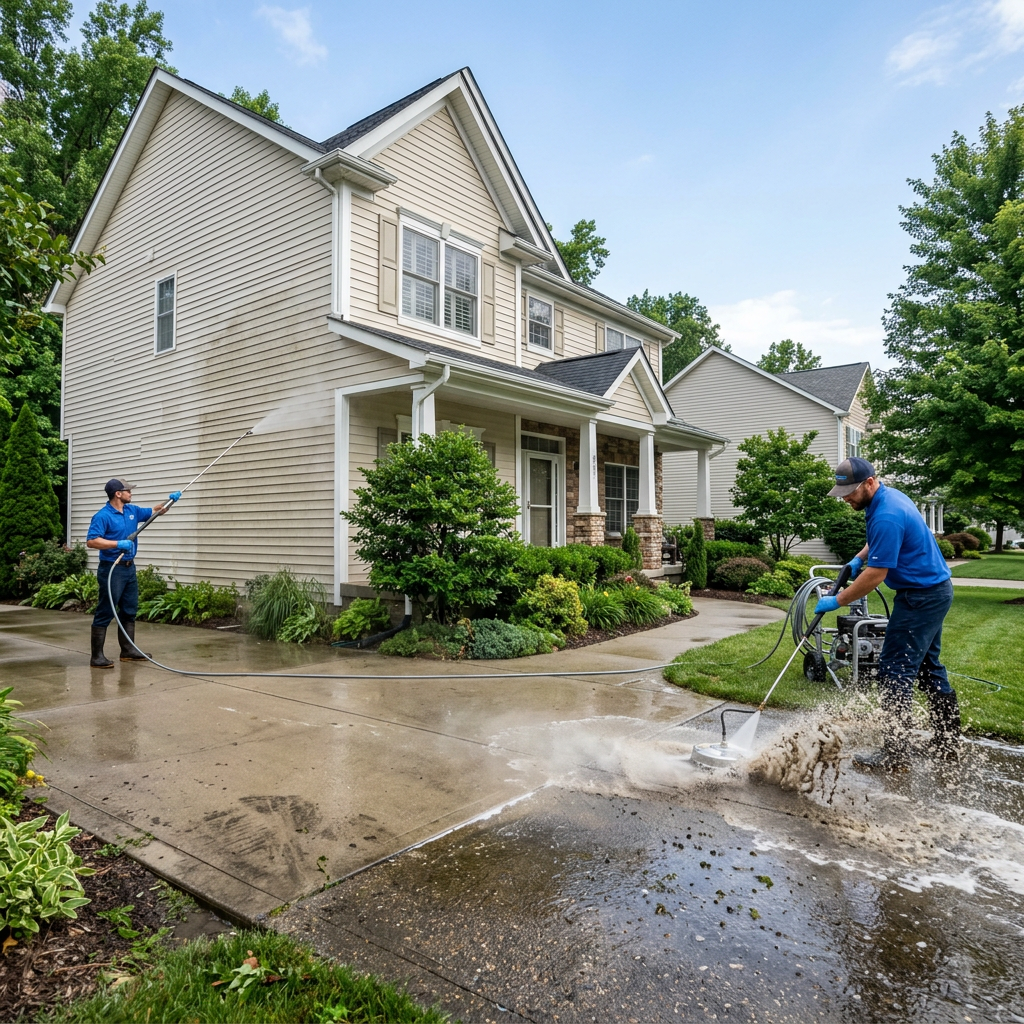 Two workers pressure washing residential driveway
